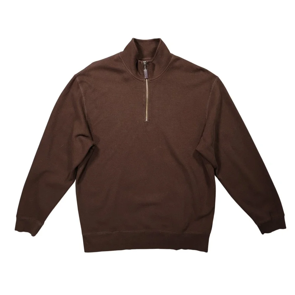 Roundtree & Yorke Pullover Mens L Brown‎ Excellent 1/4 Zip Ribbed Cotton 1434